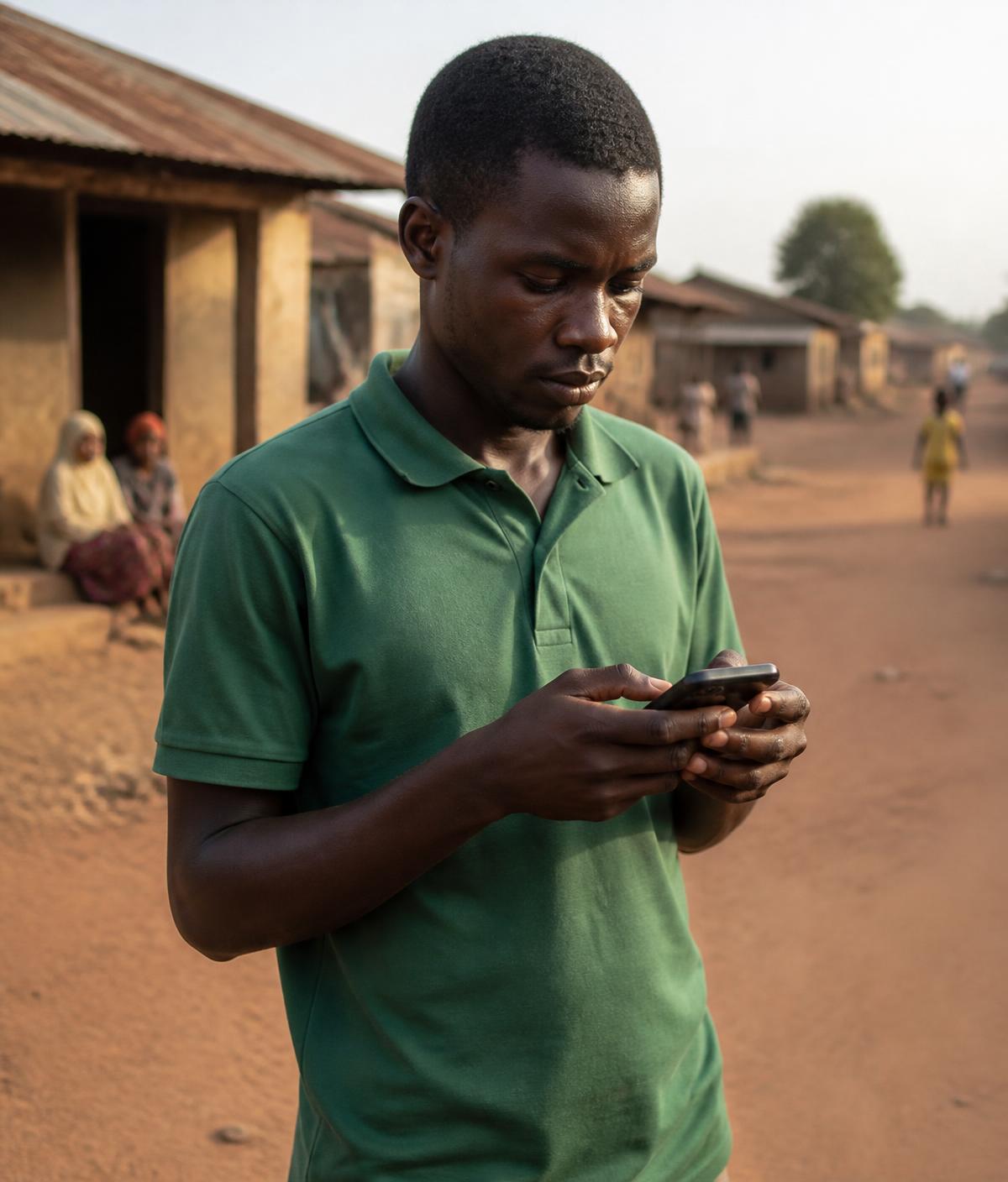 Field agent recording campaign activity on a phone in a rural Nigerian ward